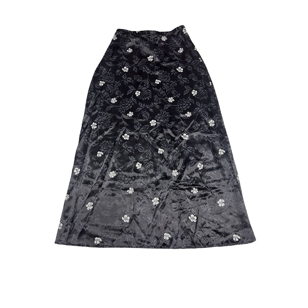 Vtg 90's Goth Grunge Dark Fairycore Satin Floral Black Maxi Skirt Sz M